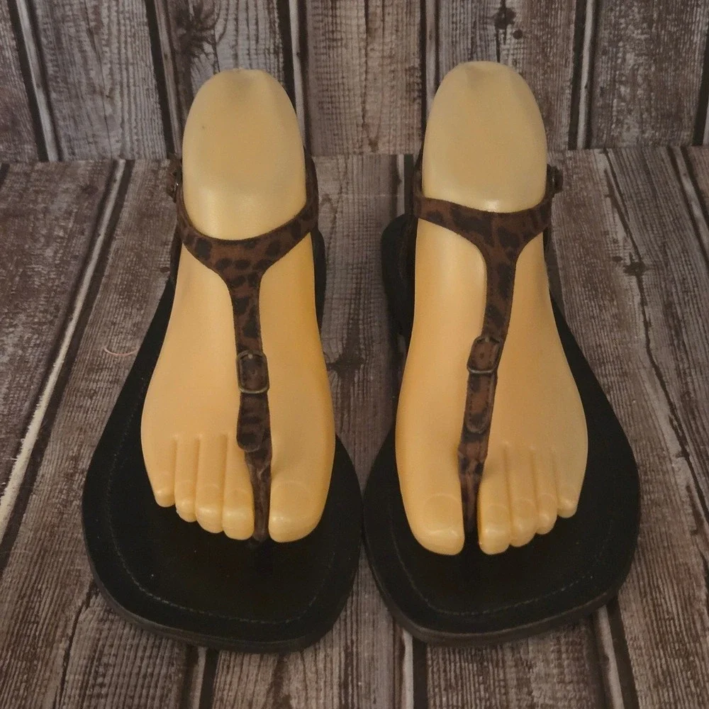 Sz 7.5 Women Free People Alina Brown Leopard Print T-Strap Thong Sandals VGUC! - Picture 5 of 10